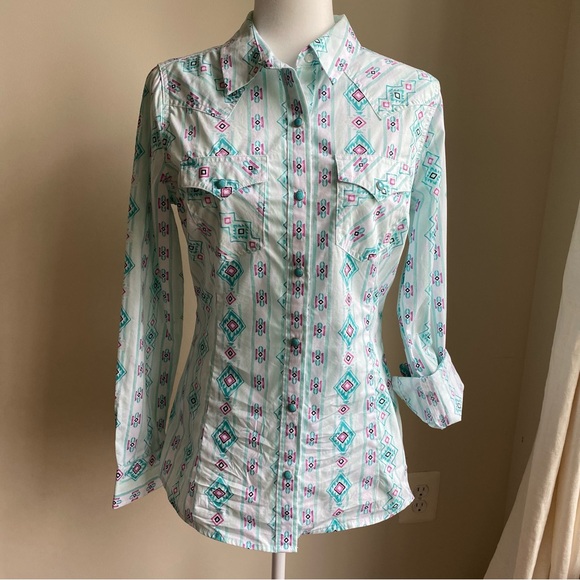 Wrangler Retro Western Curved Yoke Turquoise Snap Down Shirt - Picture 4 of 16